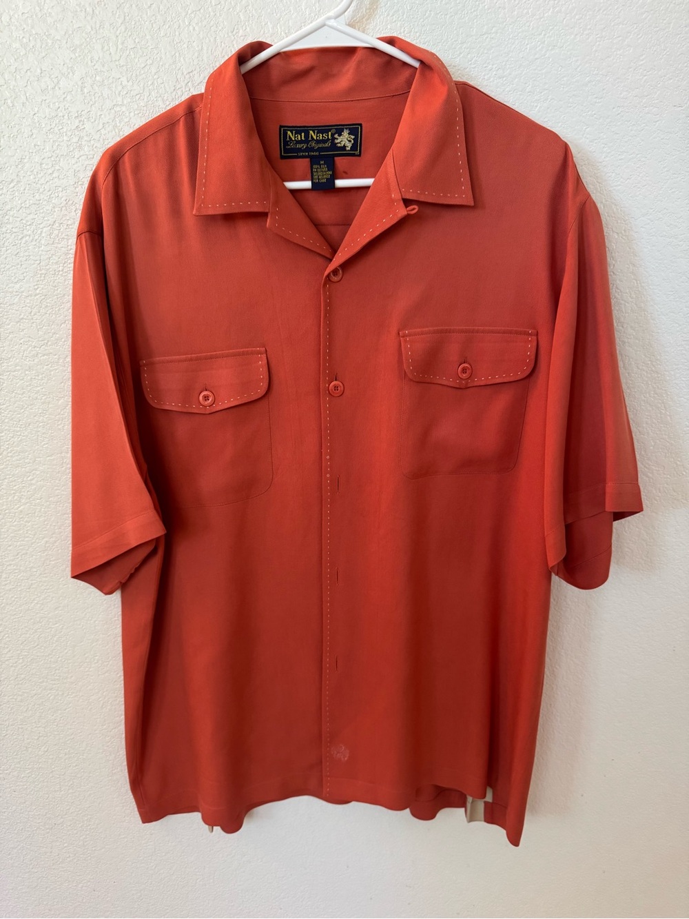 Nat Nast Men's 100% Silk Rust Orange Short-Sleeve Cuban Collard Shirt